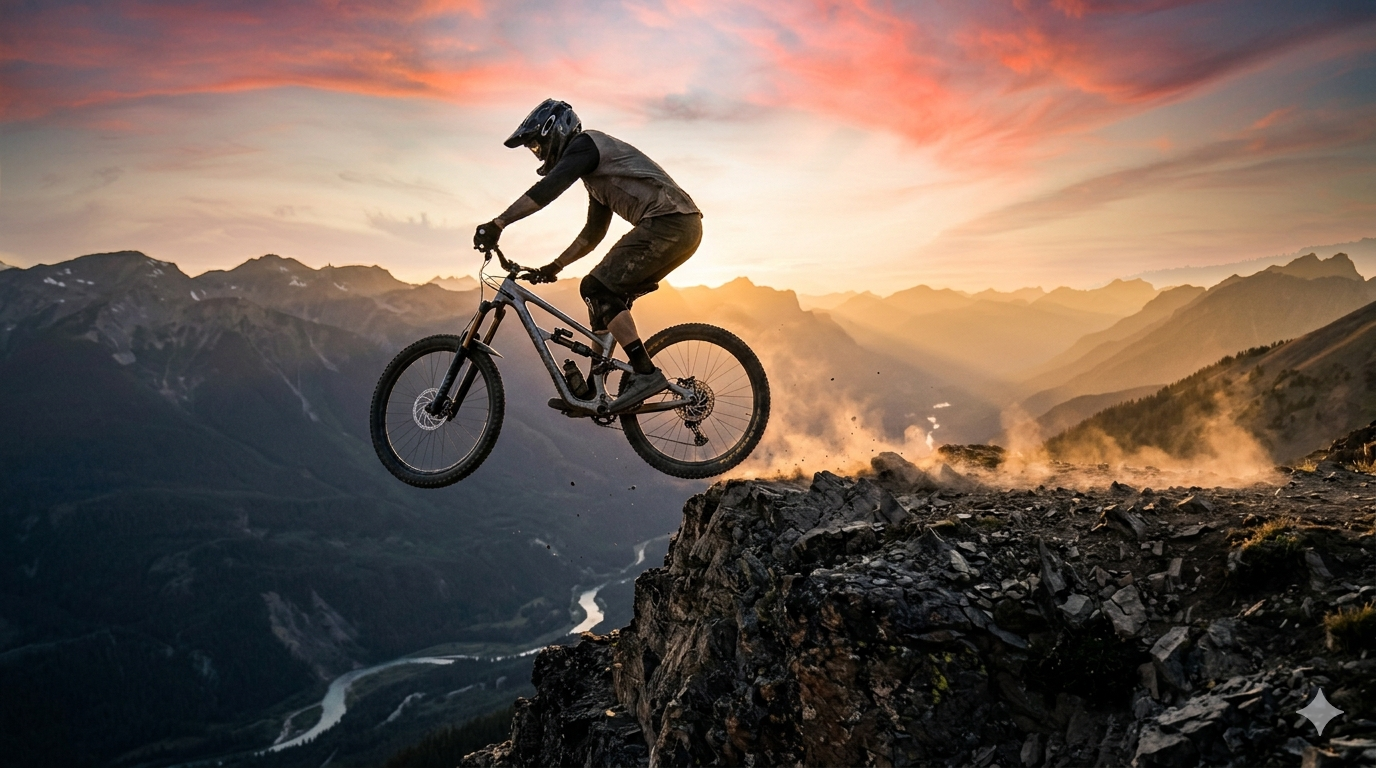 Ciclista de montaña saltando un acantilado al atardecer