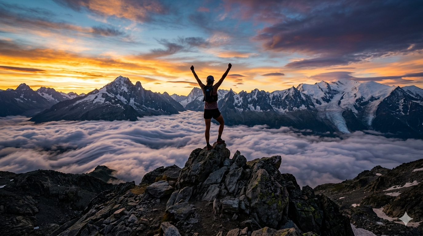 Atleta con brazos en alto en la cima de una montaña nevada al atardecer