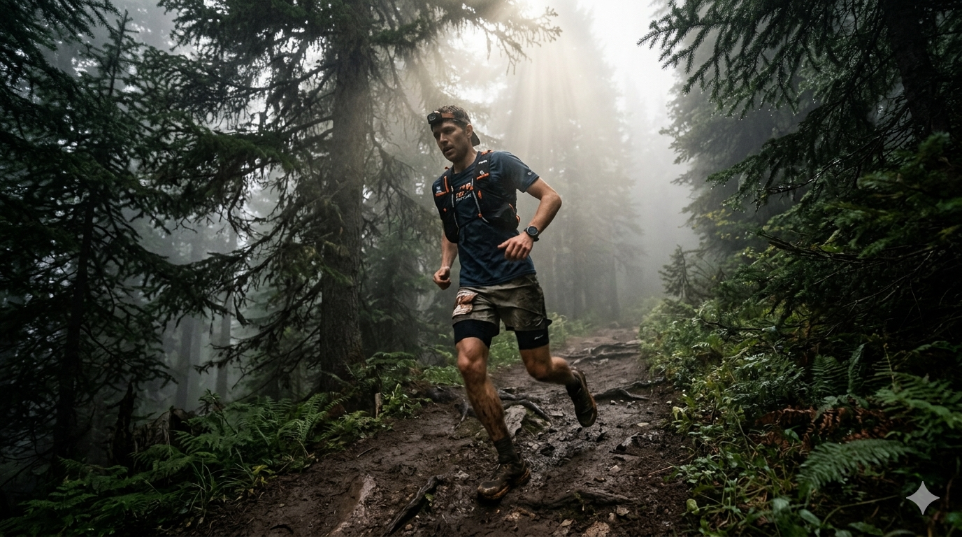 Corredor de trail en bosque con niebla y rayos de luz